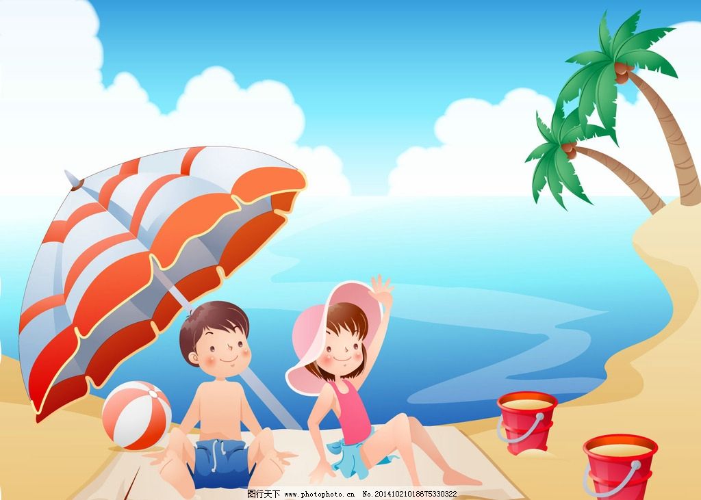 沙滩 卡通 海边 遮阳伞 椰树 动漫动画