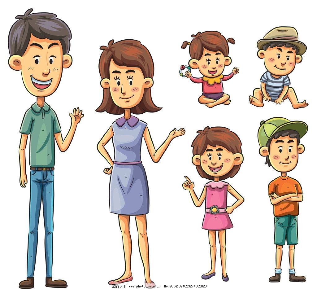 卡通人物 手绘 儿童 家庭 一家人 矢量