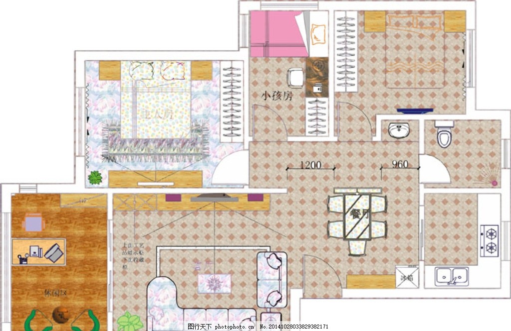 家装平面图 彩色 家具 装修 床 沙发 椅子 矢量图 作品 图片素材