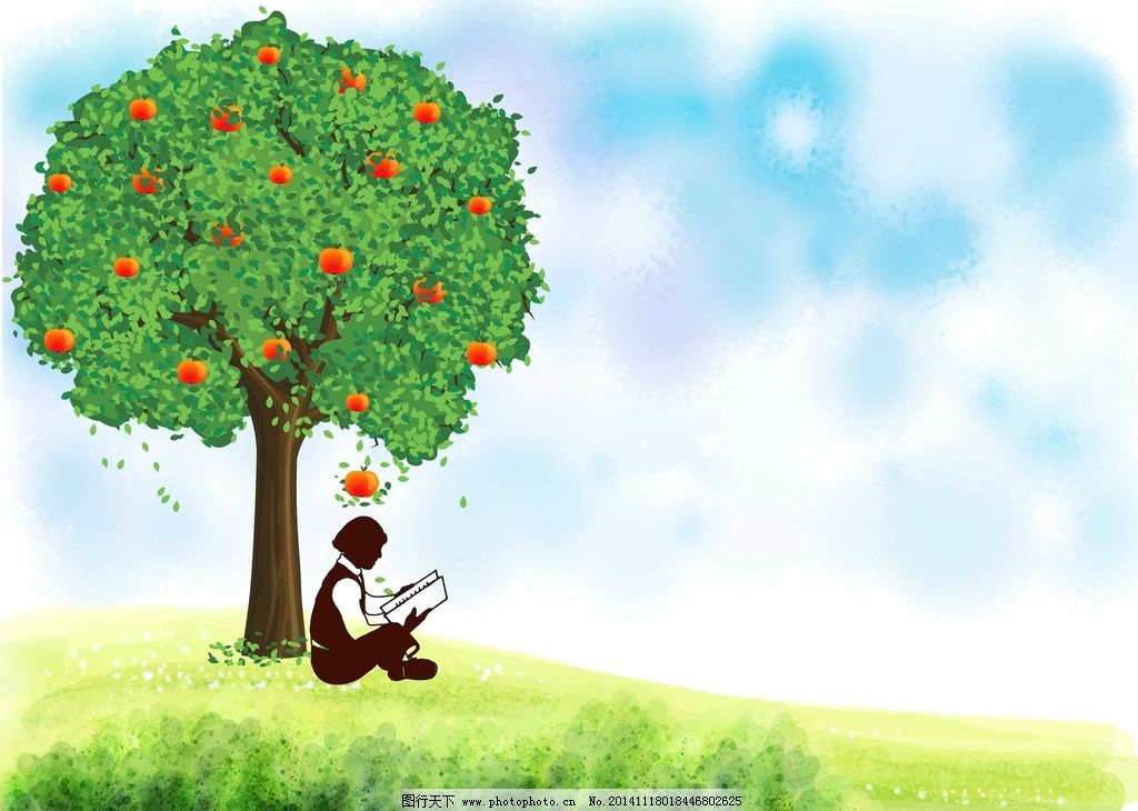 做在苹果树下的男孩图片