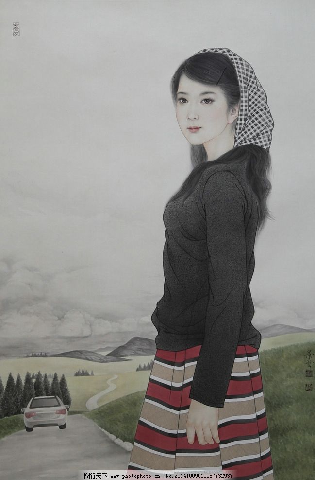 掛軸 胡夢『仕女図 美人』中国画 紙本 肉筆 箱無し 掛け軸 w061117