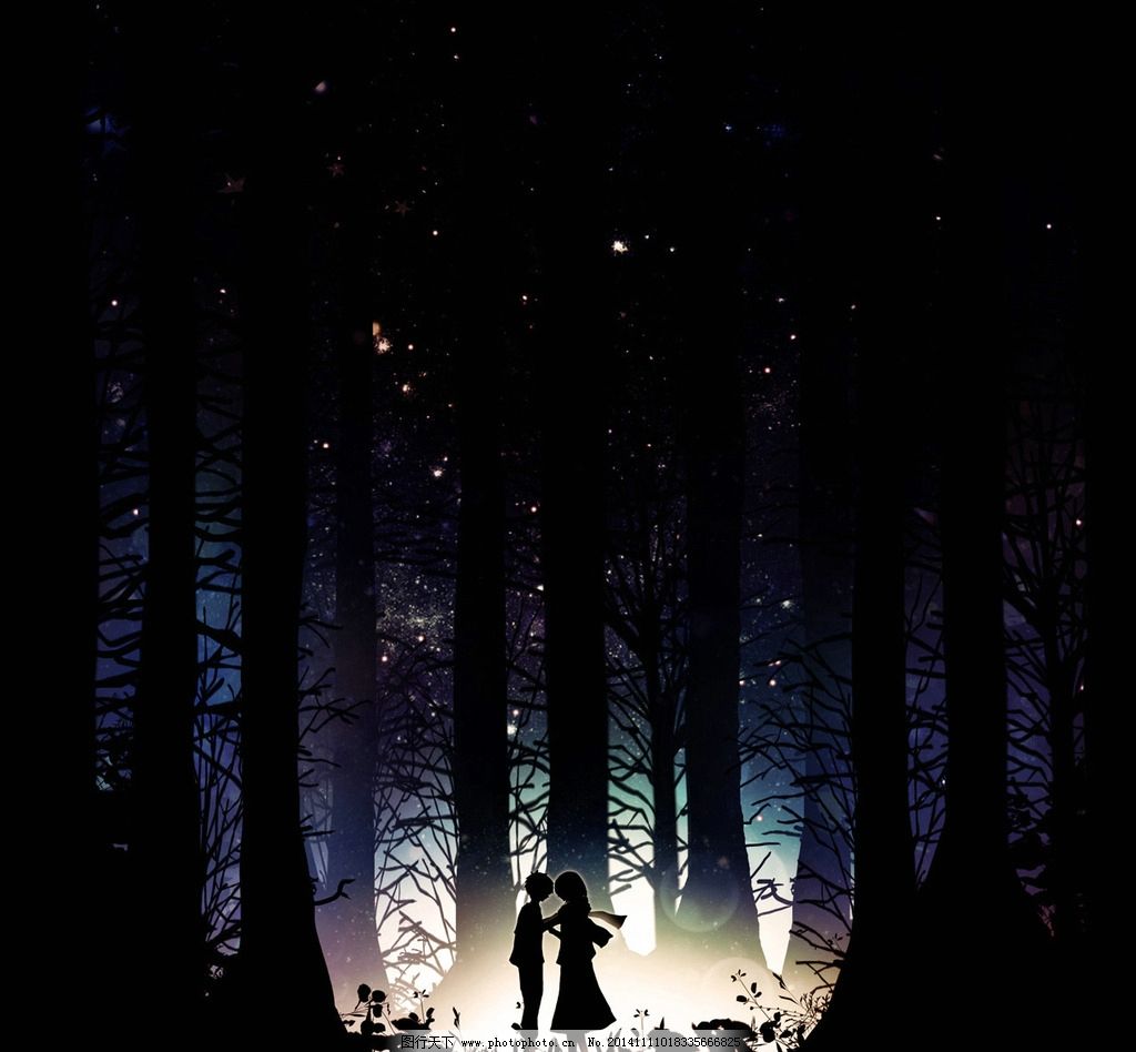 卡通晚上森林。魔法森林的自然背景，有老树、灌木和萤火虫。矢量图插画图片素材_ID:416156665-Veer图库