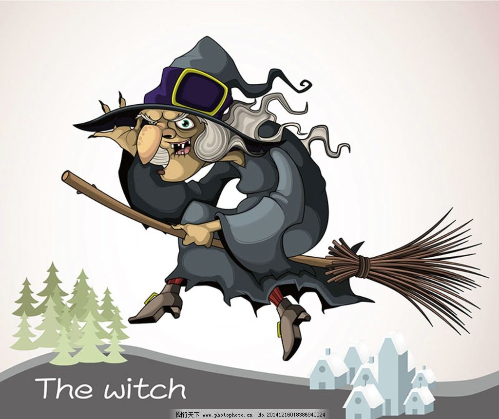 邪恶的女巫骑着扫帚在白色的背景上插画图片素材_ID:132365793-Veer图库